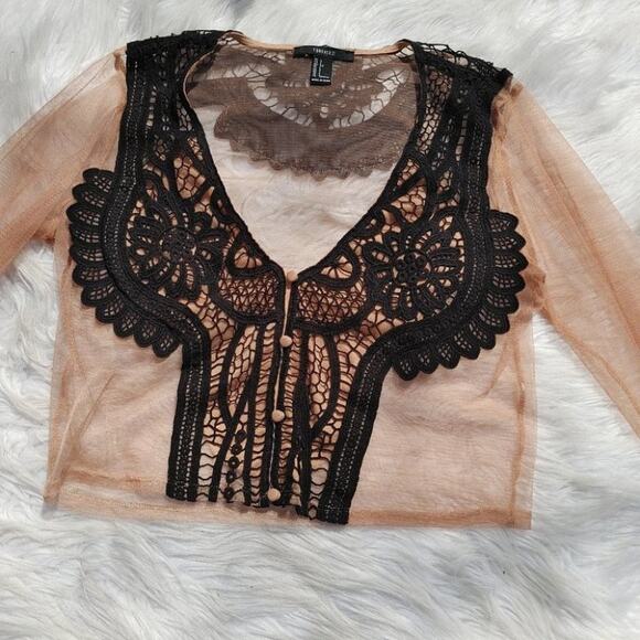 Forever 21 Size Small S Sheer Light Carmel Brown Black Cropped Crochet Festival - Picture 3 of 16